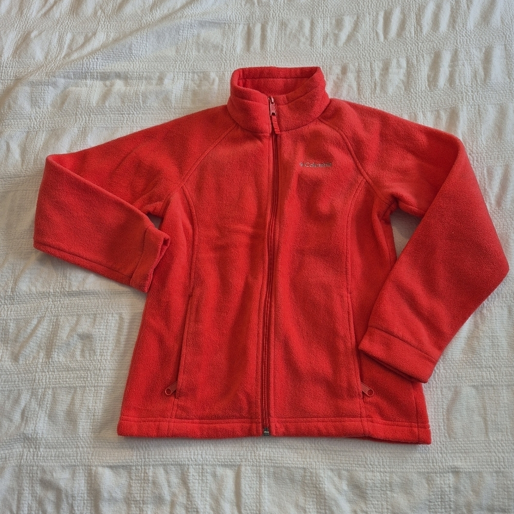 Columbia girls Medium 10/12 fleece sweater full zip up coral shade VGUC